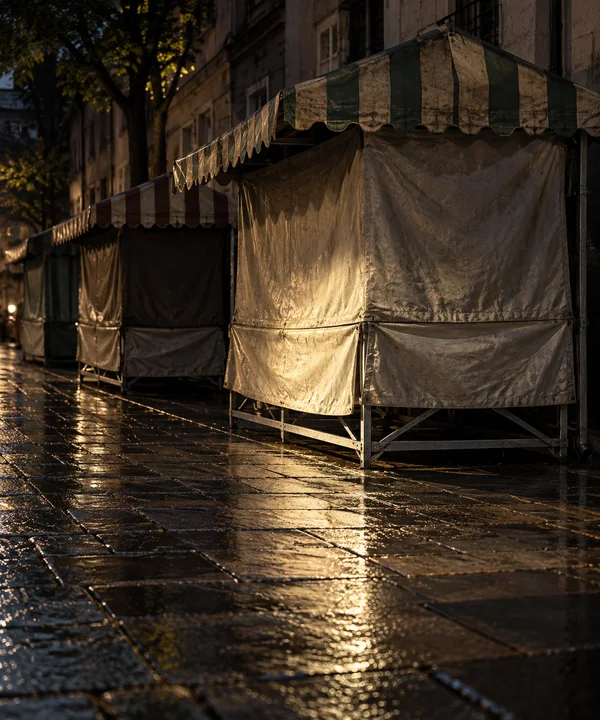 Three closed market stalls with striped canvas awnings line a wet stone lane at night; warm light falls across the nearest stall and reflects brightly on the…
