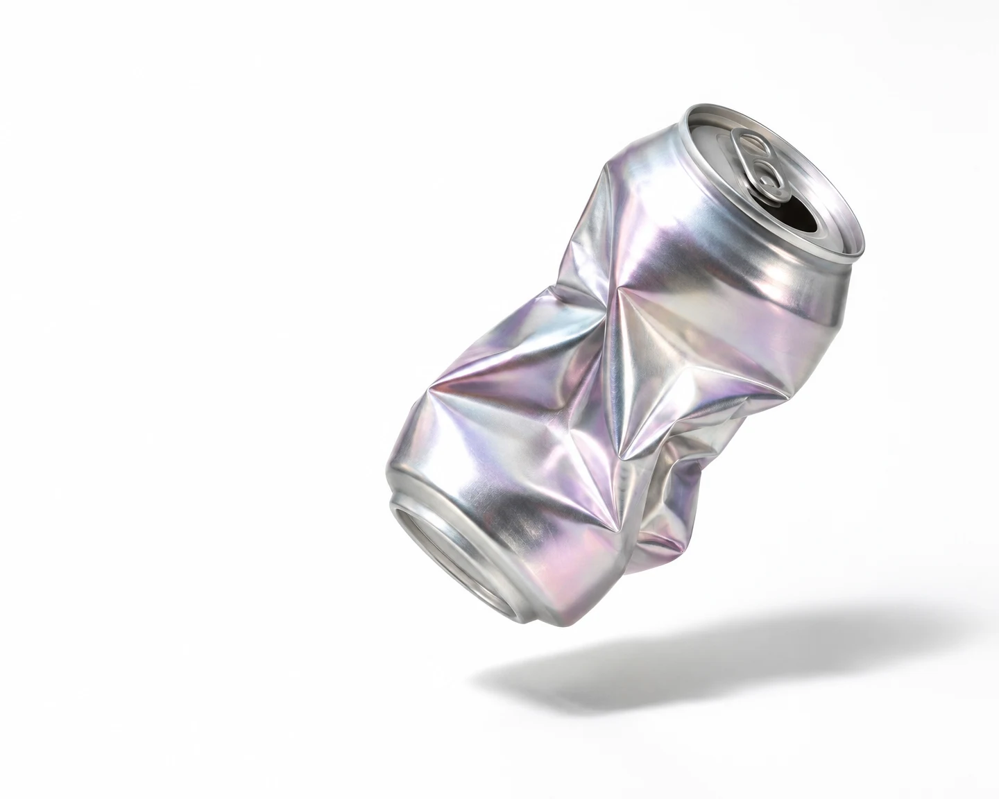 A heavily crushed, unbranded silver aluminum beverage can with lavender and pink reflections floats above a white studio floor, casting a detached shadow below…
