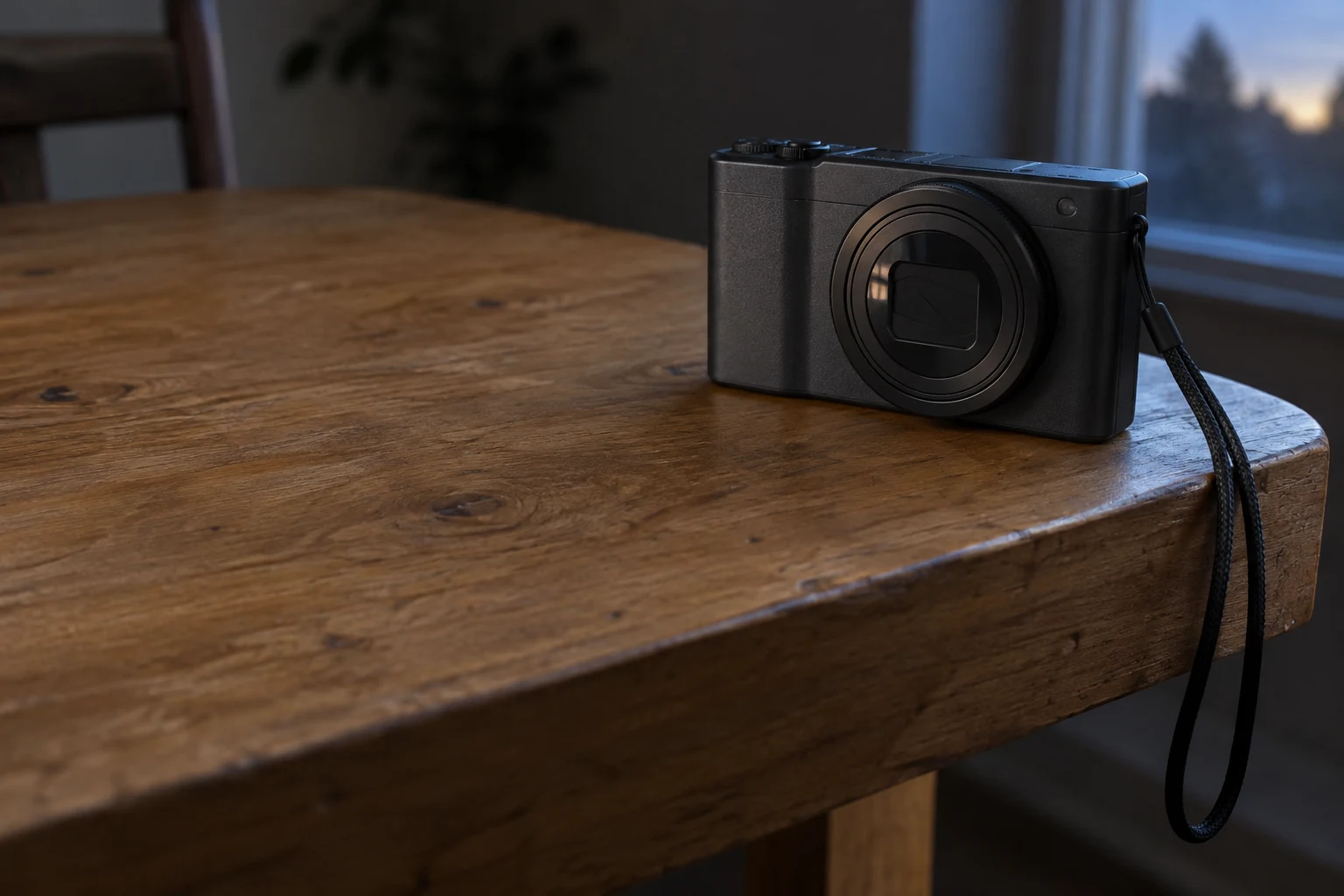 An unbranded black compact digital camera rests on the right side of a honey-brown wooden table, with its wrist strap hanging over the near edge.
