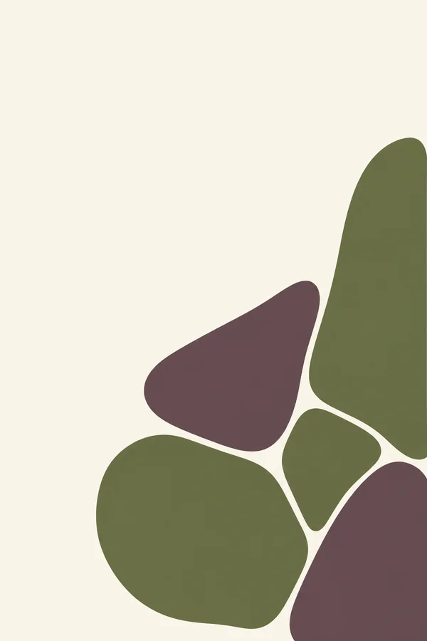 Five rounded, irregular olive and smoky aubergine shapes are separated by ivory channels in a cluster across the lower-right of a warm ivory portrait canvas…
