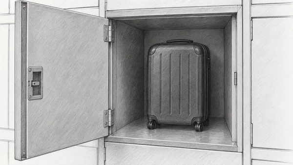 A graphite-style drawing shows an open metal locker in a bank of compartments, with its door swung outward to the left and a compact upright wheeled suitcase…