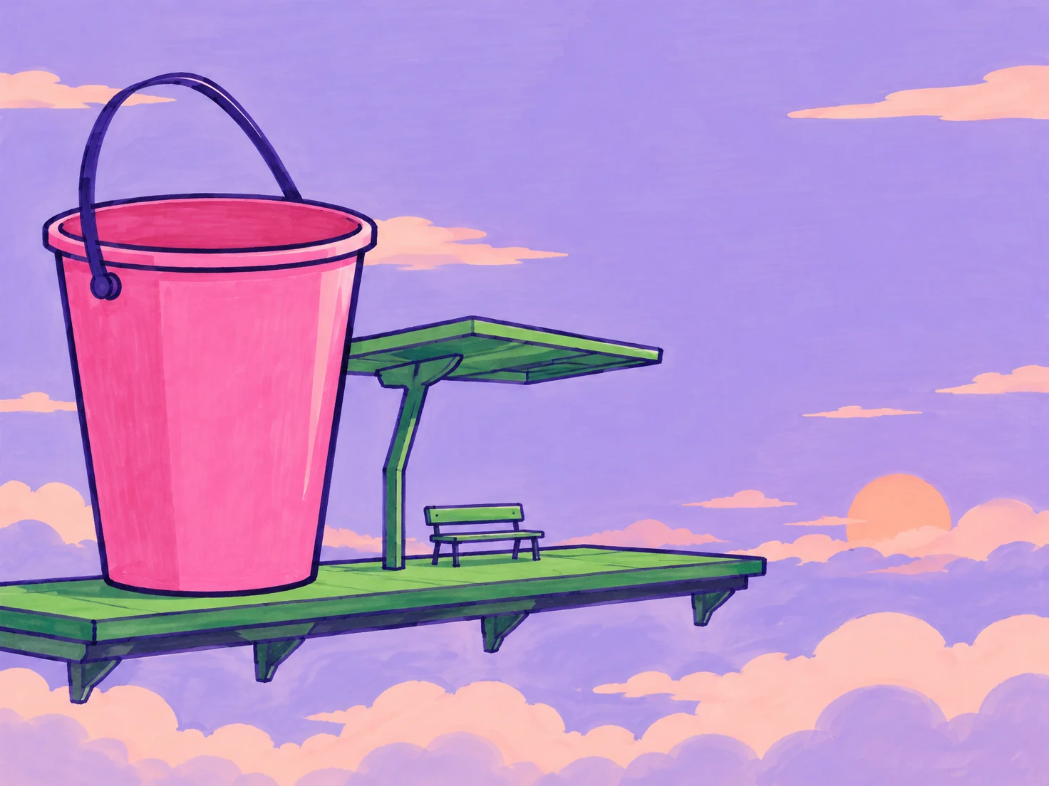 A large pink bucket with a dark-violet arched handle stands on a green floating platform with a small bench and crooked canopy, above clouds in a lavender…
