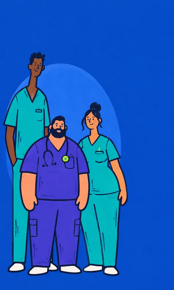Three illustrated clinicians stand together against a blue background: a tall figure in teal scrubs at left, a shorter broad figure in violet scrubs in front…