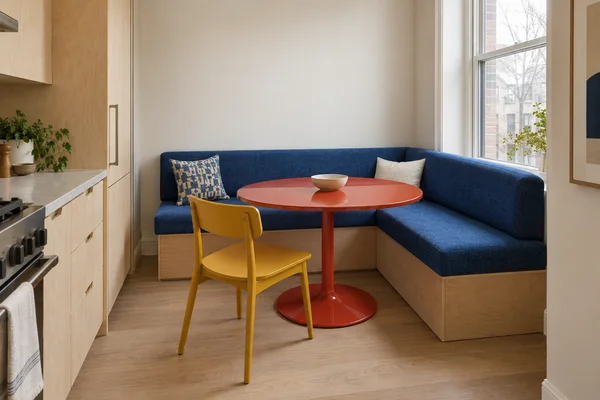 A compact kitchen breakfast nook with a cobalt-blue L-shaped banquette beside a tall window, a vermilion round pedestal table, and a saffron-yellow chair.