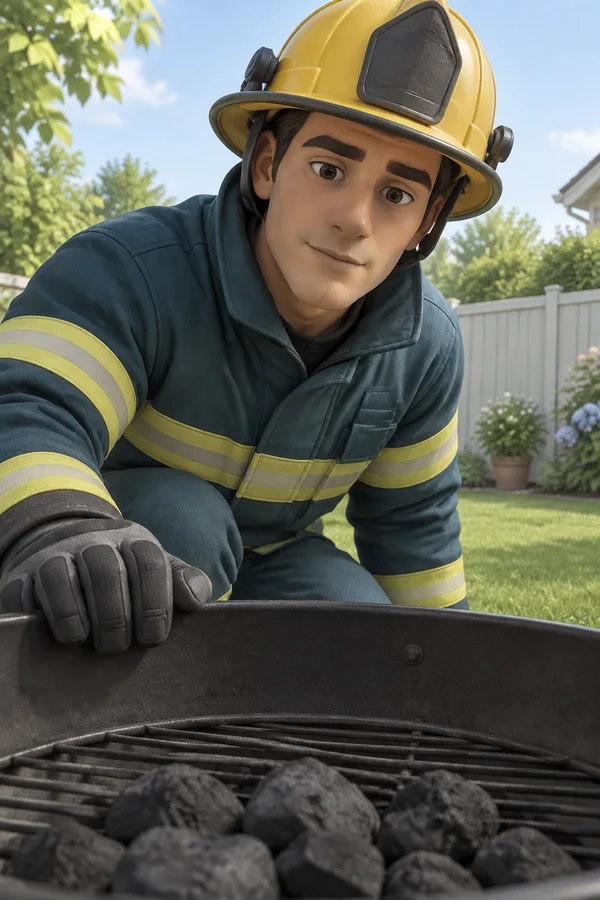 A firefighter in a yellow helmet and dark teal protective coat crouches over an open charcoal grill, resting a gloved hand on its rim.