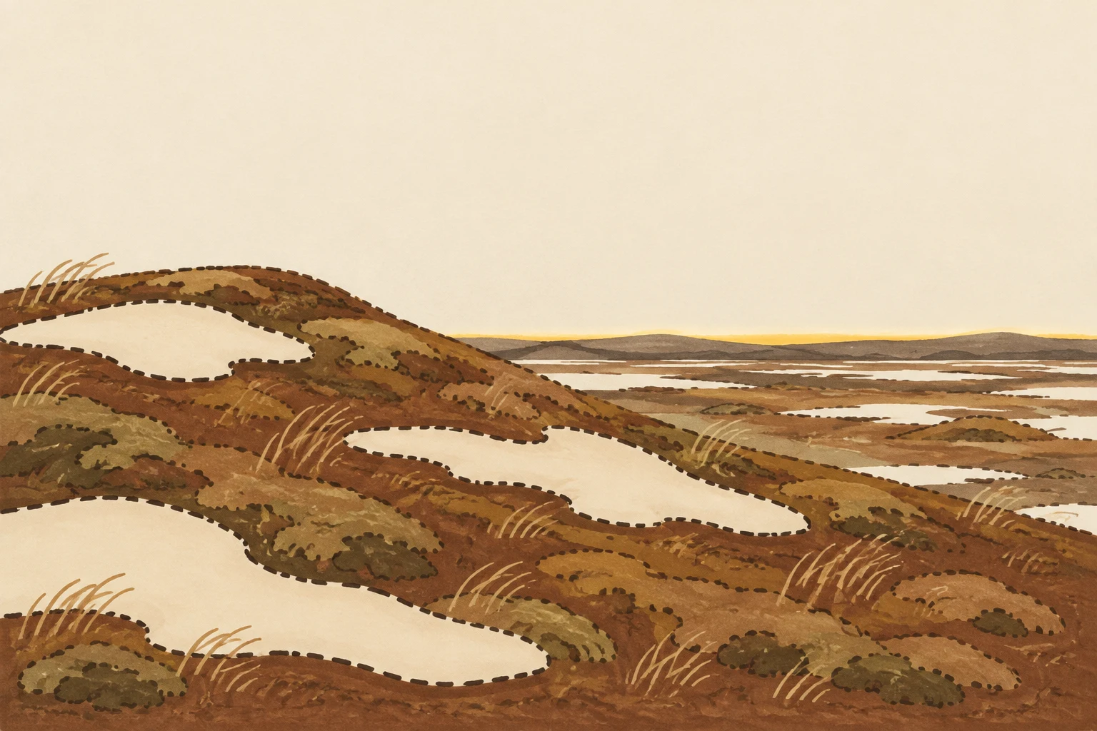 A warm brown tundra landscape with a broad, undulating foreground hummock, large cream snow patches, sparse bent grasses, and low distant hills beneath a wide…