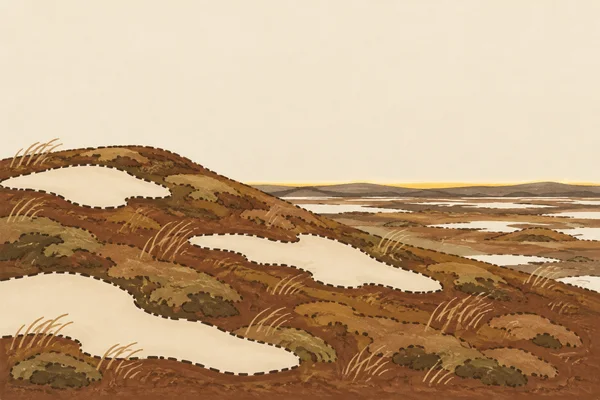 A warm brown tundra landscape with a broad, undulating foreground hummock, large cream snow patches, sparse bent grasses, and low distant hills beneath a wide…