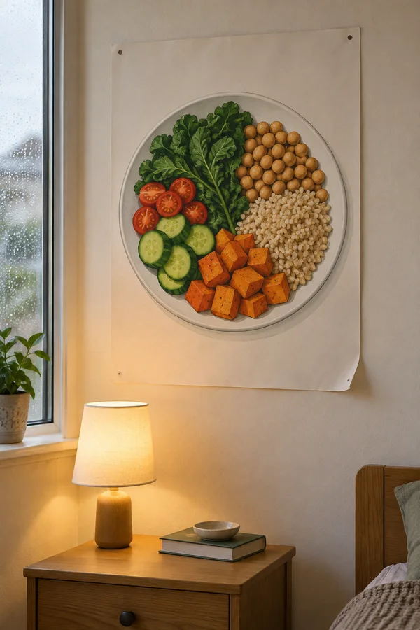 A large cream poster showing a plate of leafy greens, tomatoes, cucumber, grains, beans and orange vegetables hangs above an oak bedside cabinet.