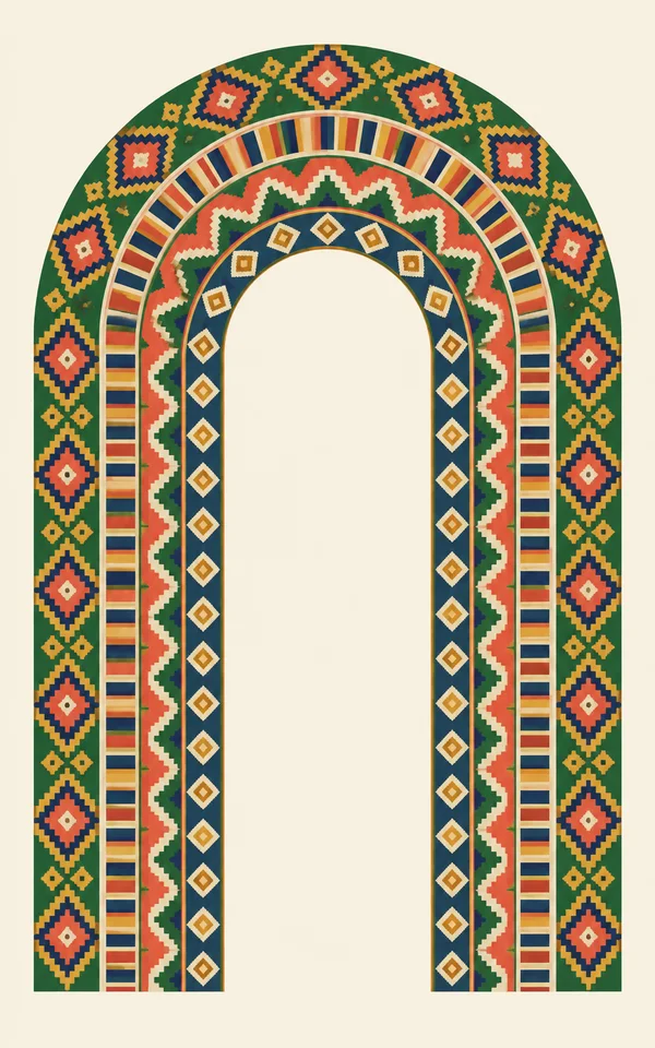 A tall, densely patterned inverted-U arch in green, gold, coral and indigo sits on a warm ivory background, with an empty ivory opening at its center.