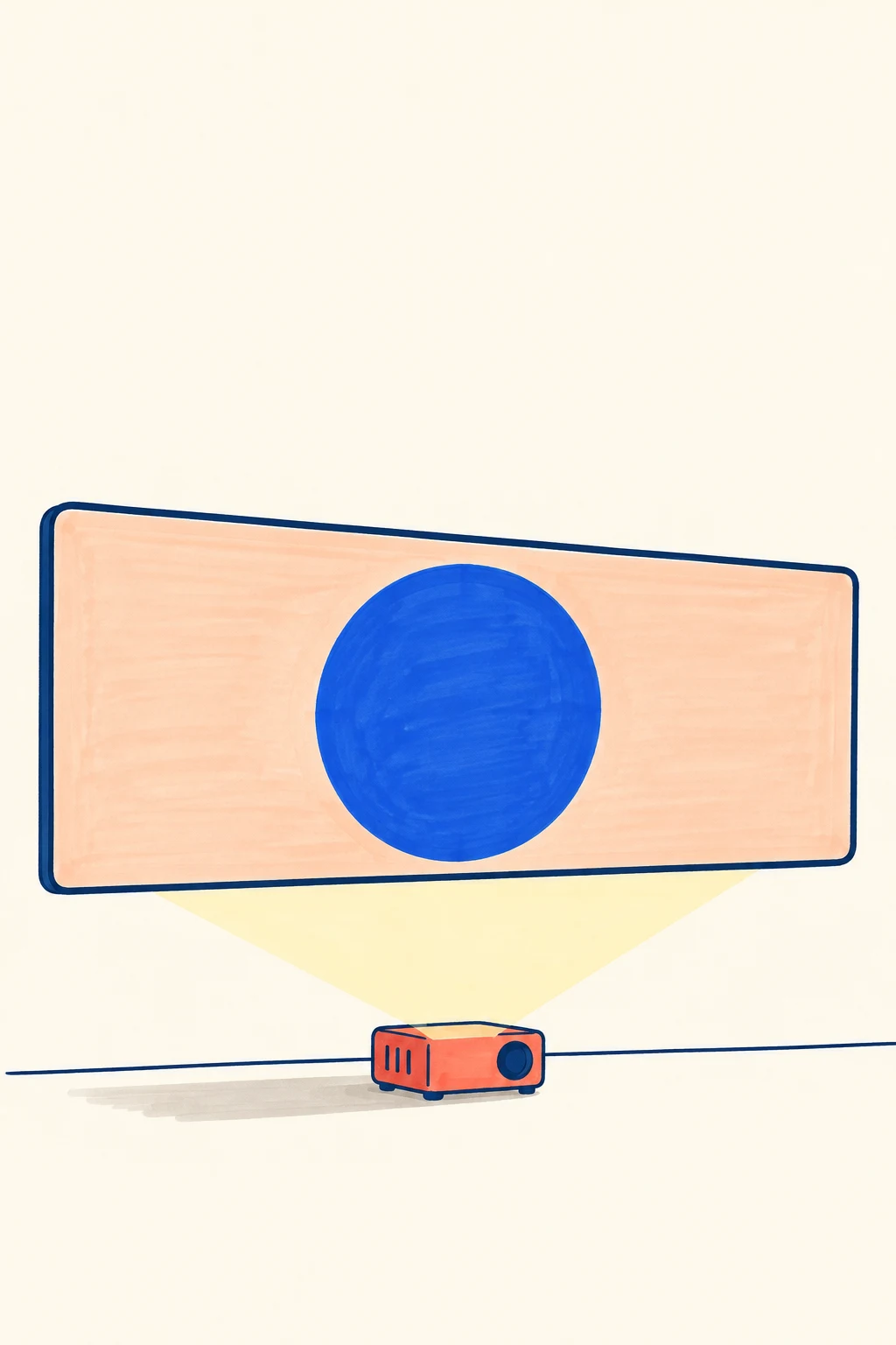 A hand-drawn marker illustration of a wide peach screen with one large blue circle hovering above a small coral projector, joined by a pale yellow beam.