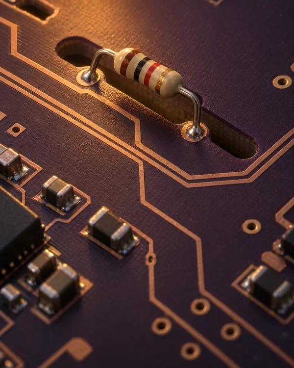 A cream axial resistor with brown, black, red and gold bands bridges a long slot on a dark plum circuit board.