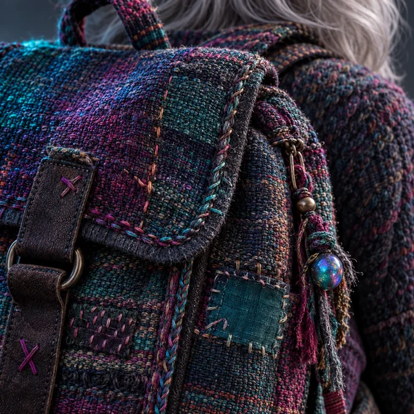 Square macro view of a densely woven, multicolored backpack with prominent seams, patches, braided cords, and hand-sewn details.
