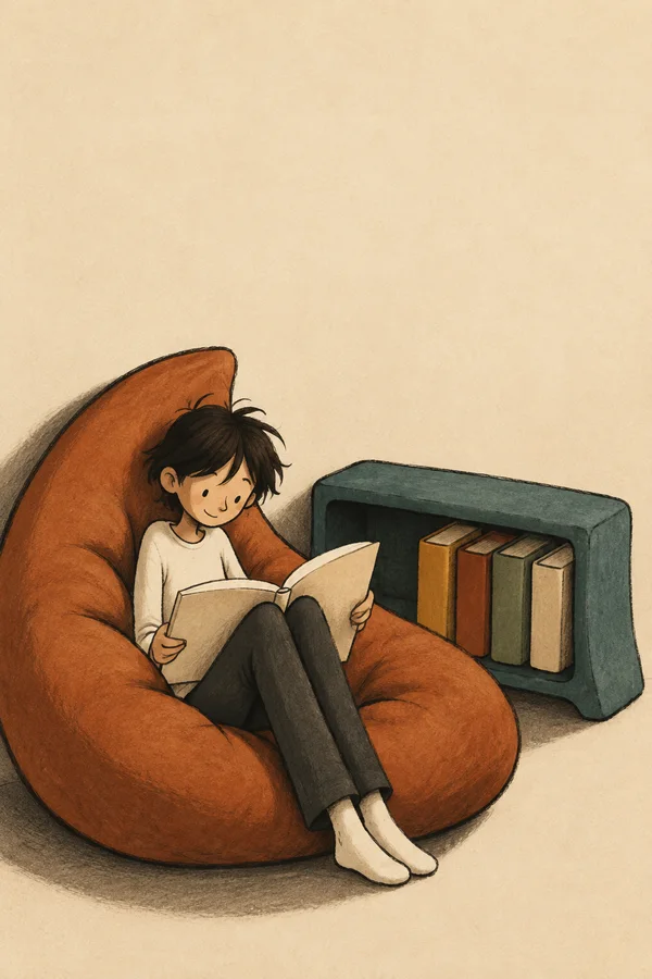 A child with dark tousled hair sits barefoot on a large rust-coloured cushion, reading an open cream book beside a low teal bookshelf holding four books…