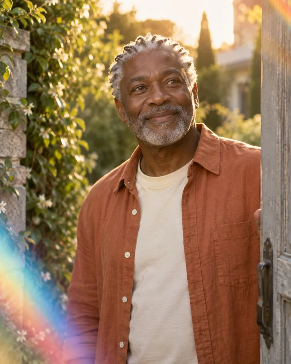 A silver-haired older man in a terracotta overshirt and cream shirt smiles beside an open weathered garden gate, with sunlit climbing foliage behind him and a…