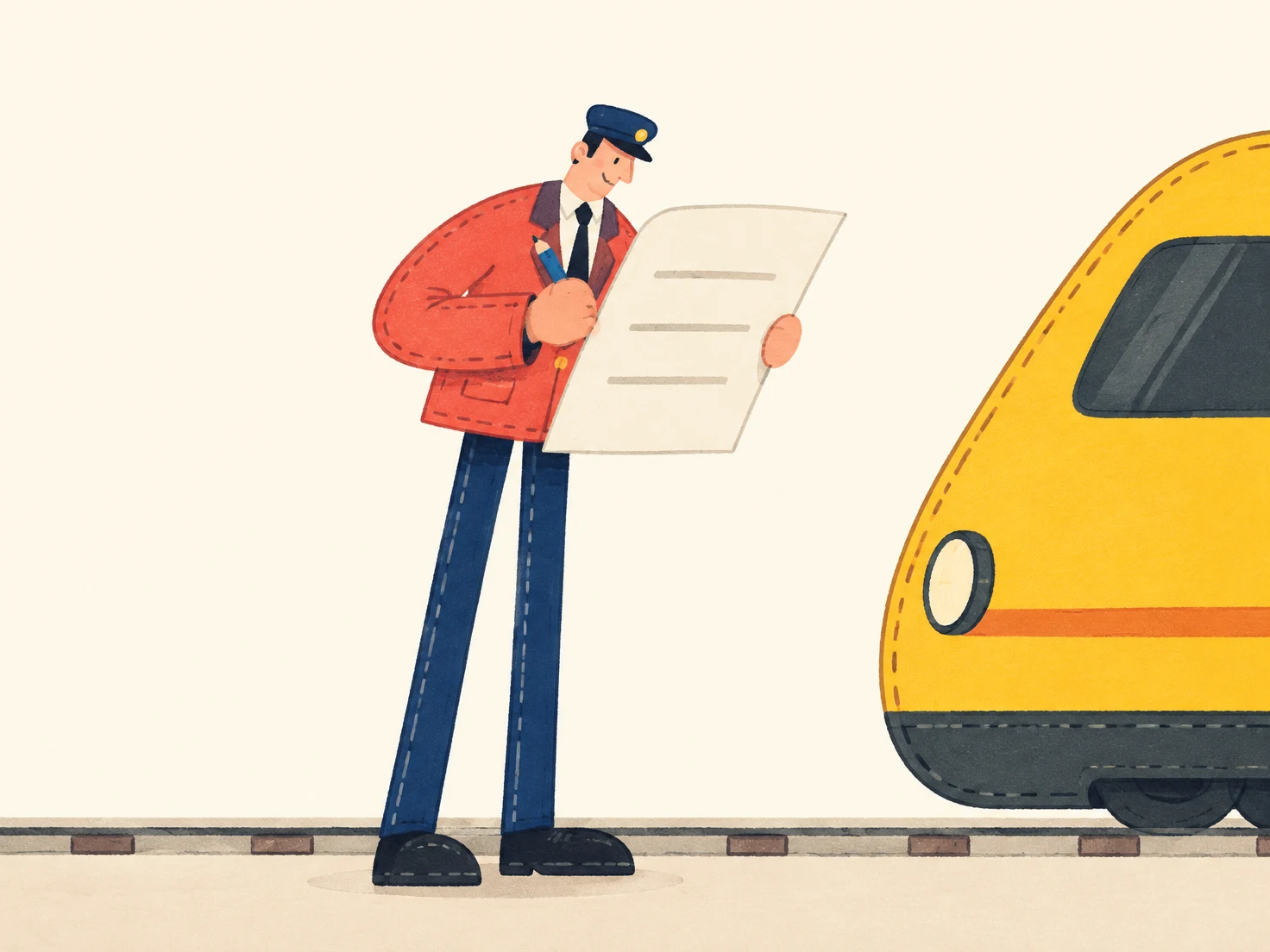 A railway dispatcher in a coral jacket and dark cap reviews a large cream form with three horizontal rules, holding a blue pencil beside a cropped yellow train…