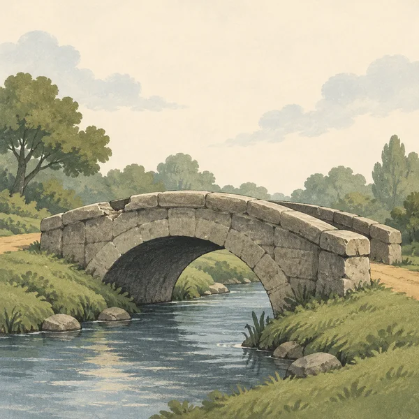 A weathered stone arch footbridge crosses a muted-blue stream between grassy banks, with ochre paths at either end and trees beneath a pale, cloudy sky.