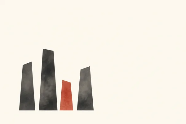 Four separate upright trapezoids of varying heights sit low and left of center on a warm ivory background; three are charcoal grey and one, the shortest, is…