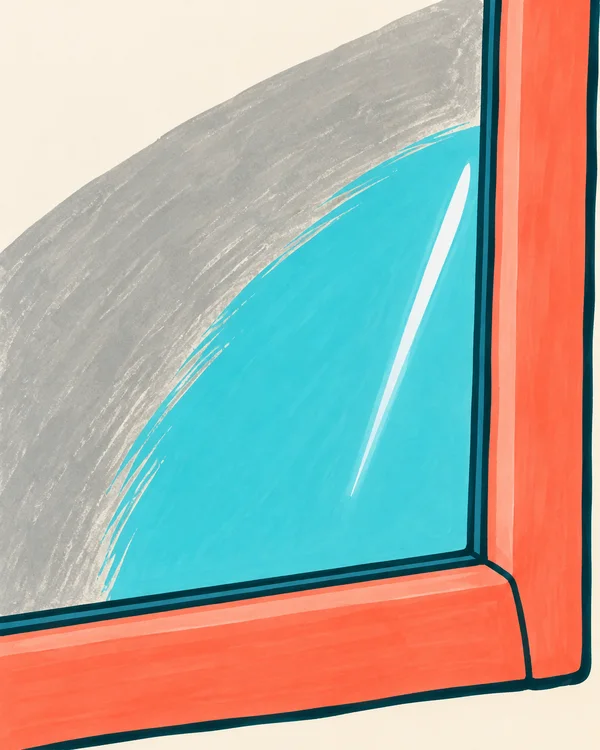 A close-up editorial marker illustration of a window with a thick coral frame along the right and bottom edges.