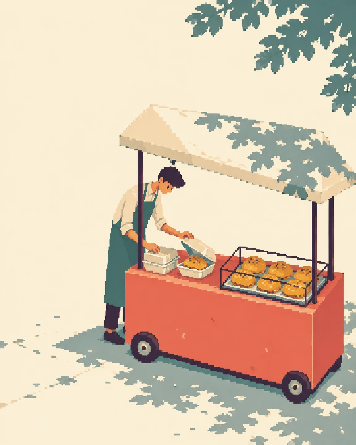 A bent vendor in a long teal apron handles white takeaway containers behind a coral street-food cart displaying several golden buns.