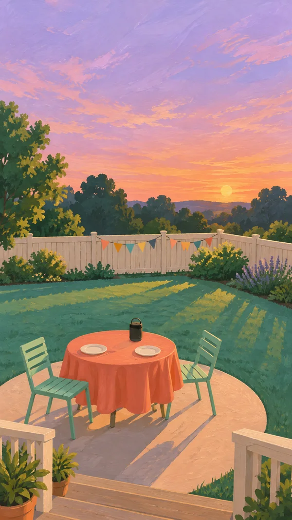 A coral-draped round table with two plates and a small dark speaker sits between mint-green chairs on a pale-peach patio.