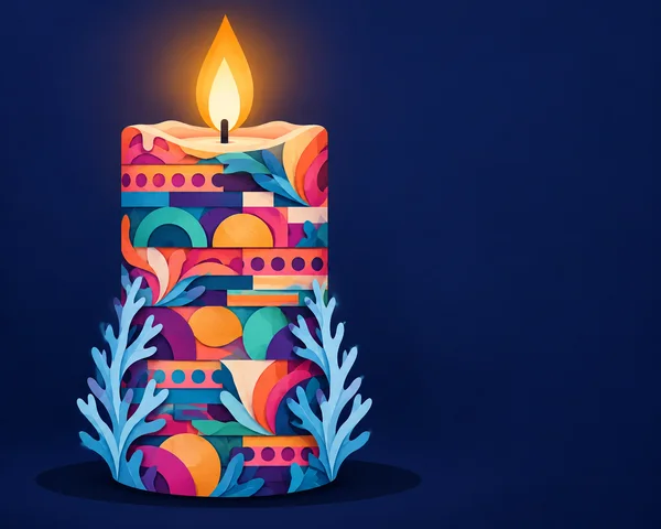 A tall pillar candle with a bright amber flame stands left of center against a deep indigo background.