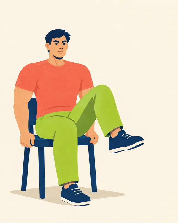 A young man in a coral shirt, lime trousers and navy shoes sits on a navy chair, lifting one bent knee while the other foot rests on the ground.