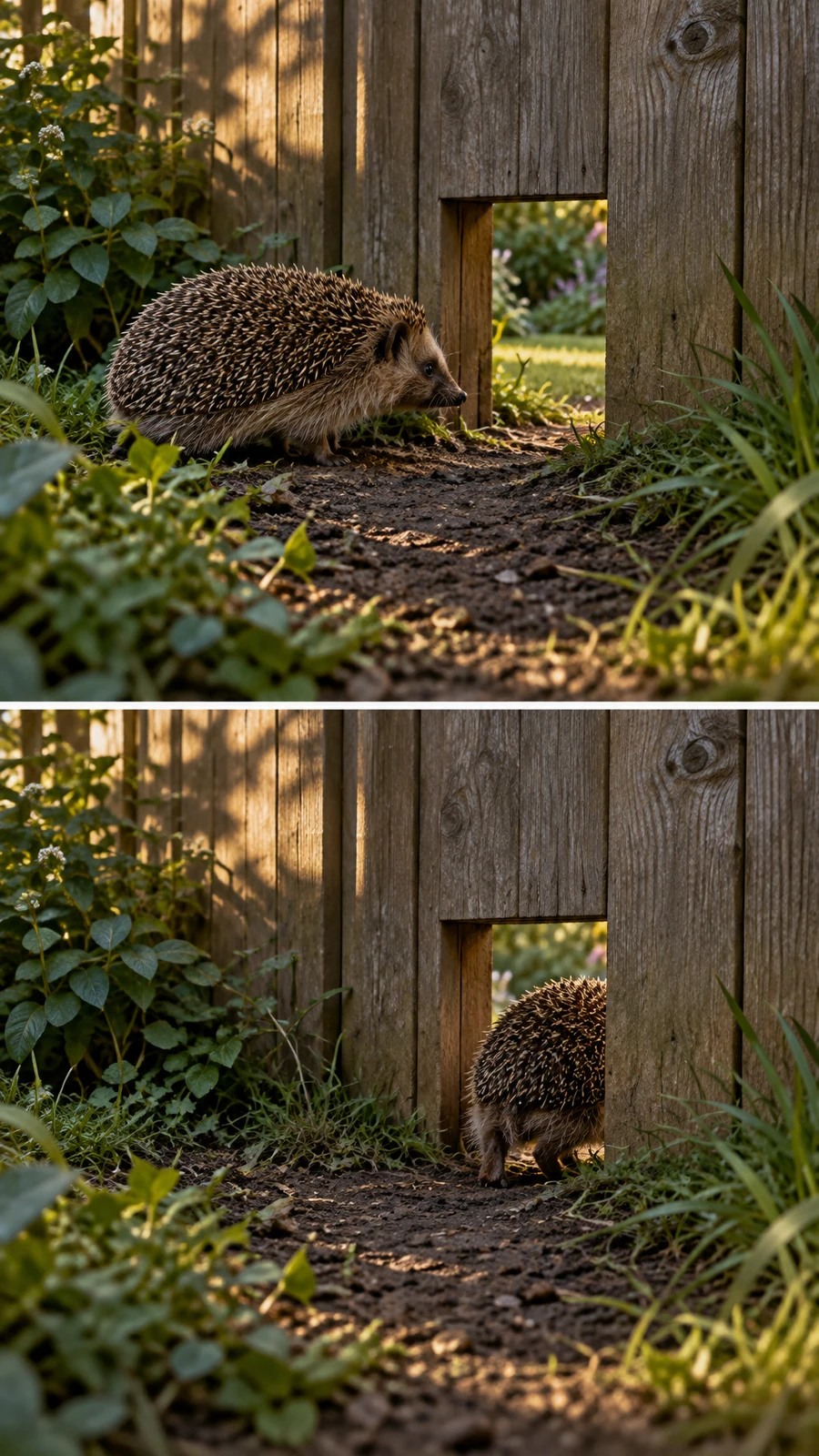 A vertical diptych shows a hedgehog approaching a square opening at the base of a weathered wooden garden fence, then passing through it along a soil path…