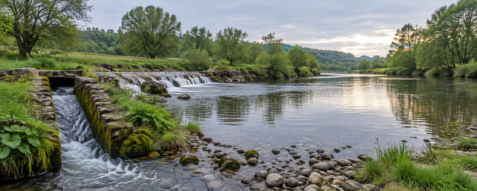 A broad river curves through a green, wooded landscape beside a low stone weir and a moss-edged channel carrying water toward the foreground.