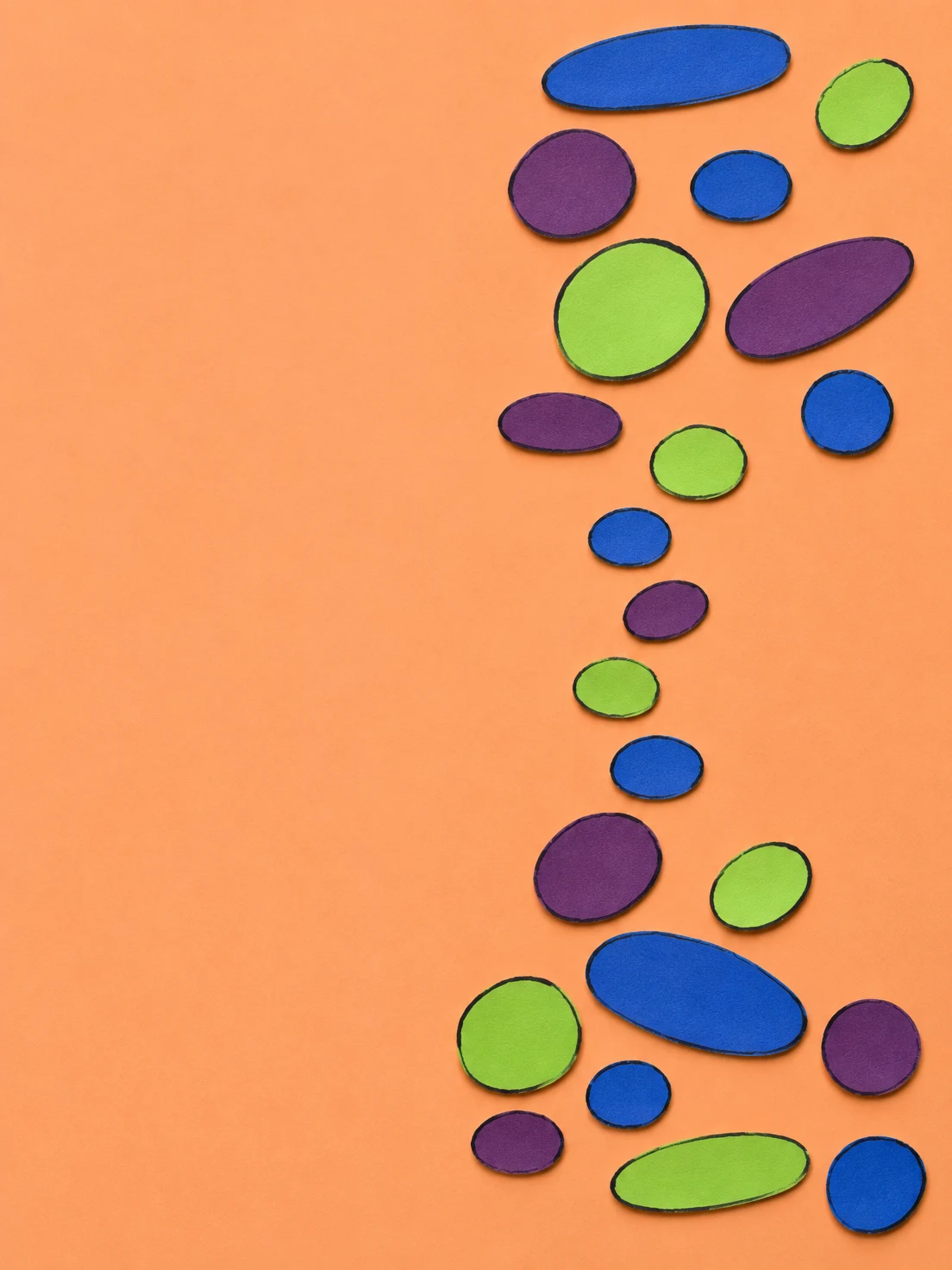 A handmade scatter-plot motif of separate cobalt, plum, and lime paper ovals on a warm-apricot background, with dark wobbly outlines and small shadows.