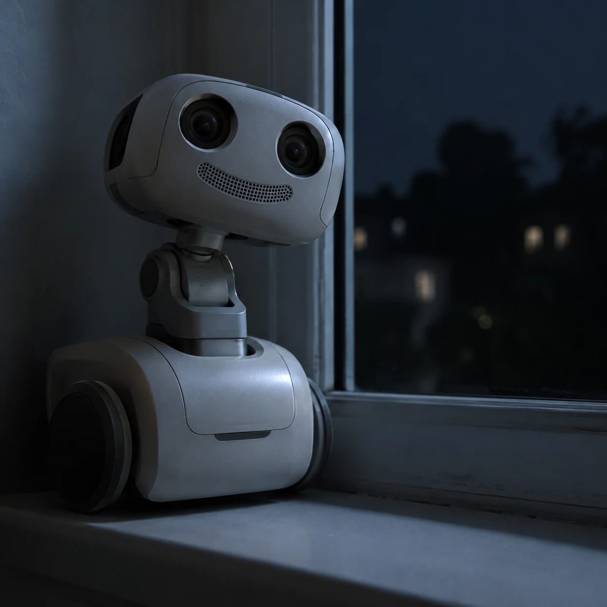 A compact wheeled desktop robot with a short articulated neck rests on a windowsill at night.