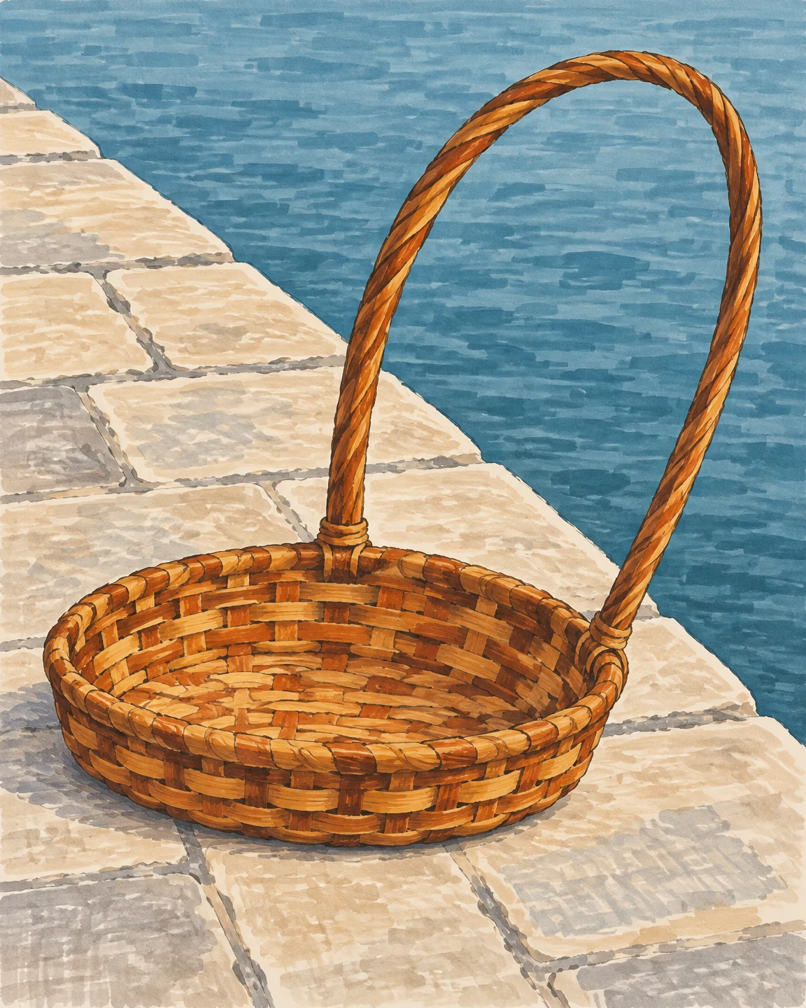 A large shallow ochre-and-brown woven basket with an oversized loop handle sits on a pale stone quay beside muted blue harbour water, rendered as a textured…