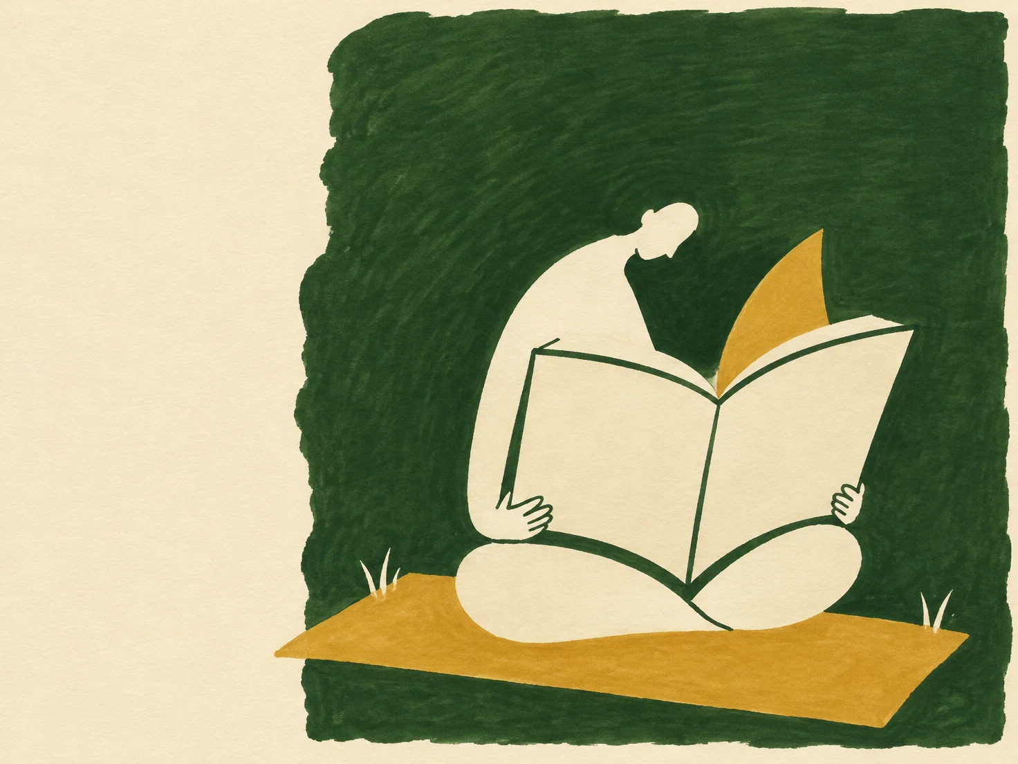 A cream-colored seated reader holds a large open blank book against an irregular dark-green field, with one ochre page raised, an ochre blanket below, and…