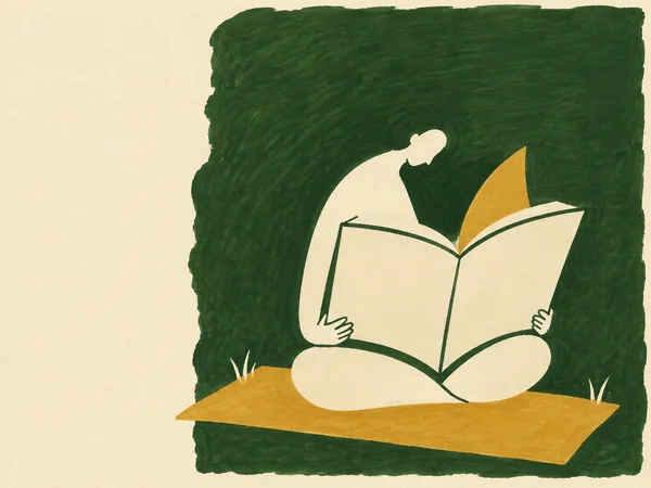 A cream-colored seated reader holds a large open blank book against an irregular dark-green field, with one ochre page raised, an ochre blanket below, and…