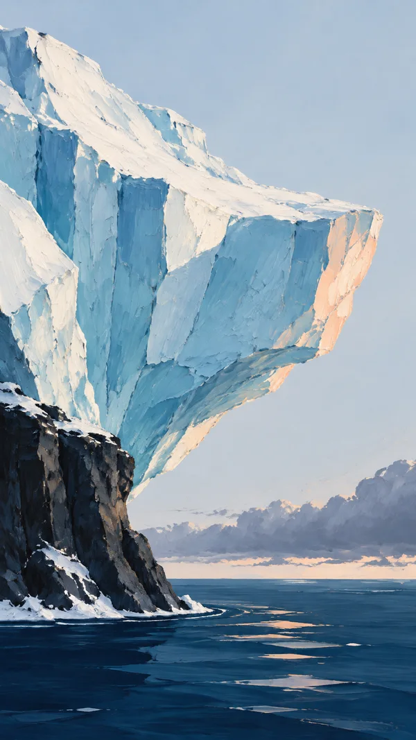 A towering blue-and-cream ice headland with a dark rocky base projects over a crescent of navy sea, with distant clouds along the horizon and open pale sky to…