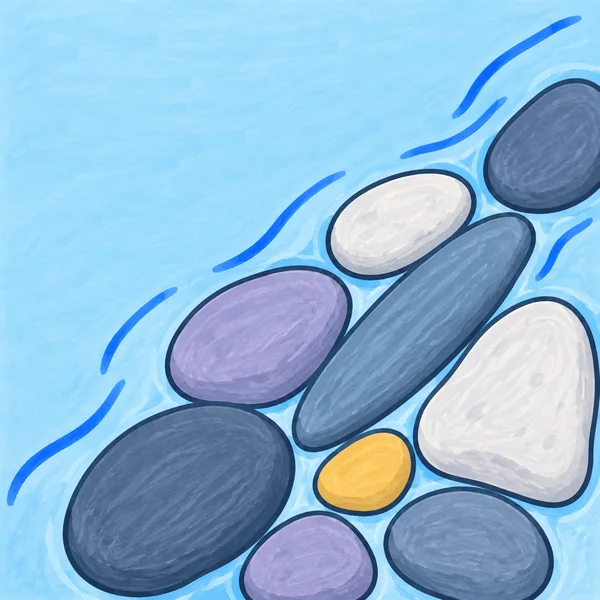 An overhead hand-drawn illustration shows nine rounded slate-blue, lilac, white and yellow pebbles in a diagonal gravel patch beneath pale blue water, with…