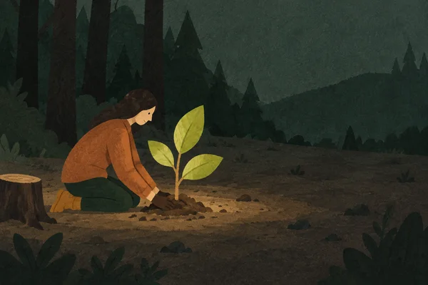 A woman in a rust jacket kneels on a warm patch of depleted woodland soil, pressing earth around a three-leaf lime-green sapling.