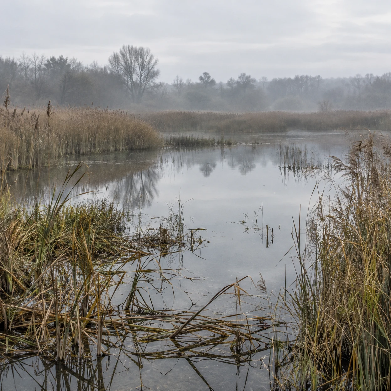 A still pool in a lowland marsh reflects a pale overcast sky and distant bare trees, with muted reeds along the water’s edge and mist softening the background.