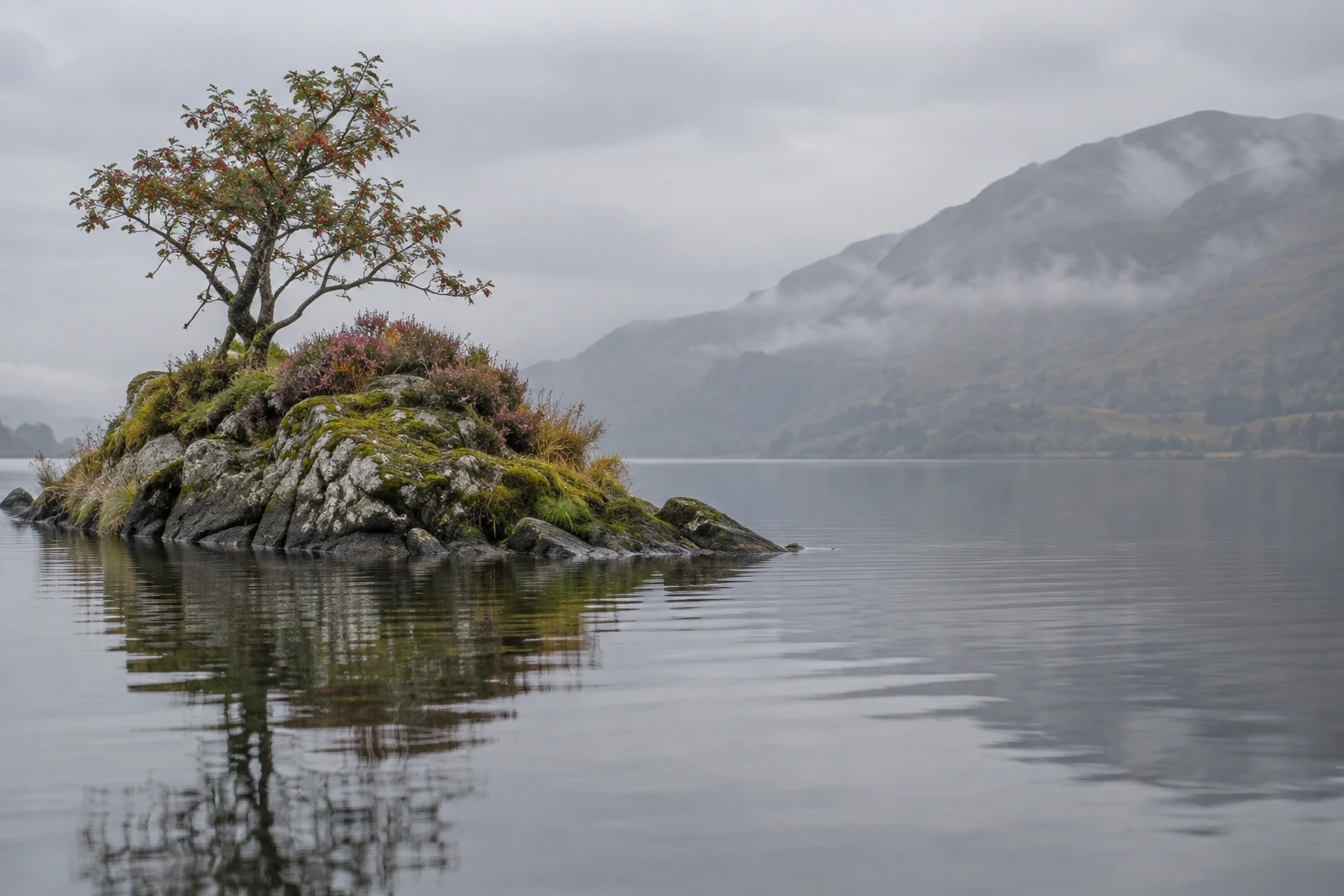 A small moss-covered rocky islet with a leaning rowan tree and sparse red berries sits on the left side of a calm grey lake.