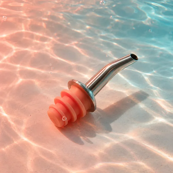 A stainless-steel cocktail speed pourer with a coral silicone stopper lies diagonally on a pale pink submerged surface, surrounded by bright caustic patterns…
