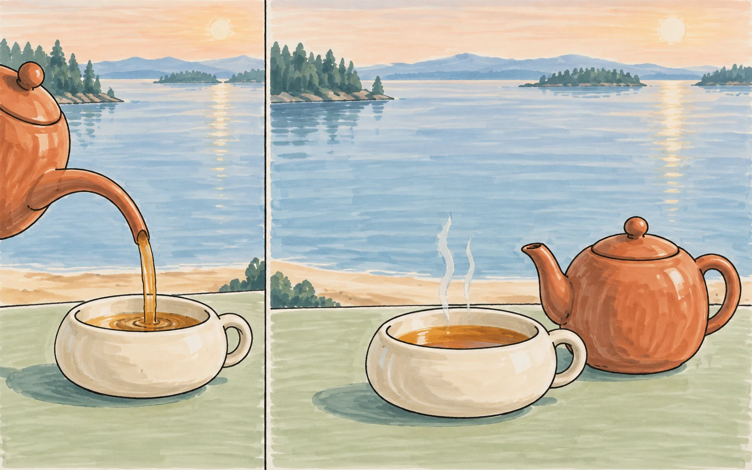 A hand-drawn marker illustration in two panels shows tea beside a lakeside: a cropped terracotta teapot pours into a wide cream cup on the left, while a filled…