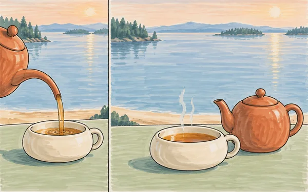 A hand-drawn marker illustration in two panels shows tea beside a lakeside: a cropped terracotta teapot pours into a wide cream cup on the left, while a filled…