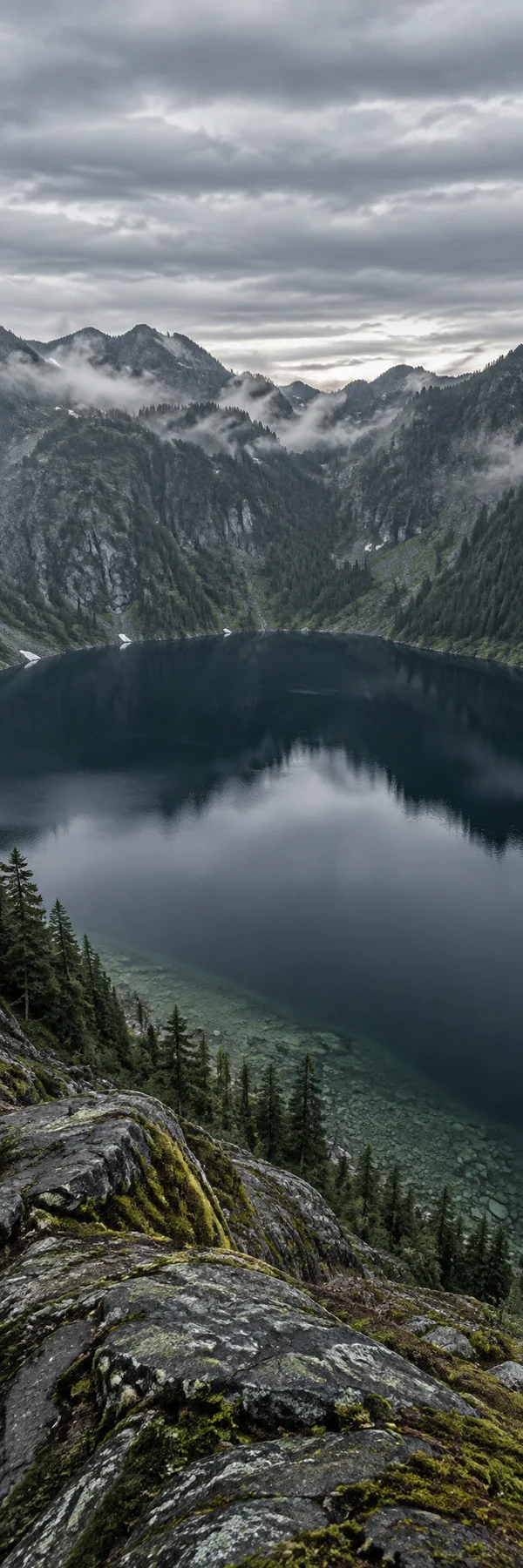 A steep, mossy grey-rock slope with conifers overlooks a dark mountain lake, enclosed by forested ridges beneath low mist and layered grey clouds.