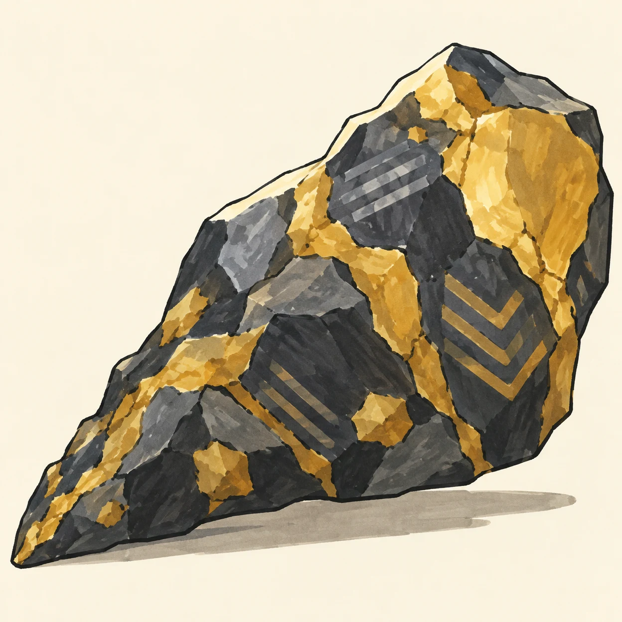 A large angular charcoal-gray and gold ore rock runs diagonally from a narrow lower-left tip to a broad upper-right end, with chevron and stripe patterns…