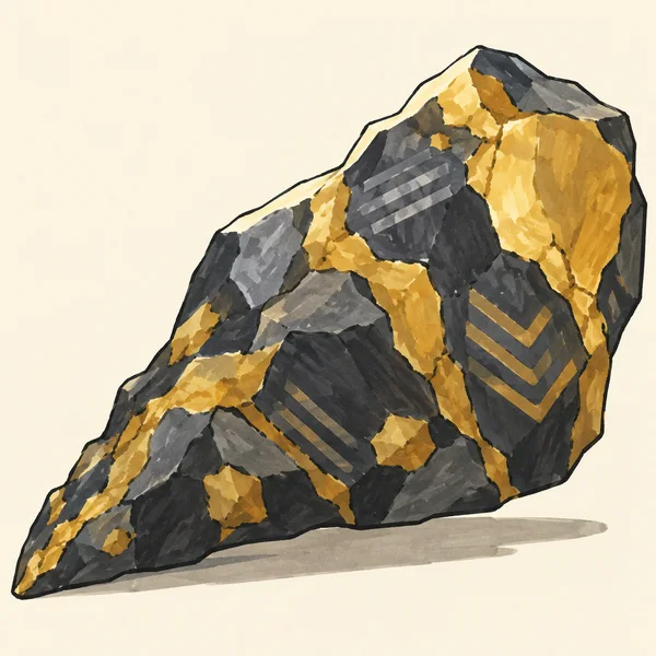 A large angular charcoal-gray and gold ore rock runs diagonally from a narrow lower-left tip to a broad upper-right end, with chevron and stripe patterns…