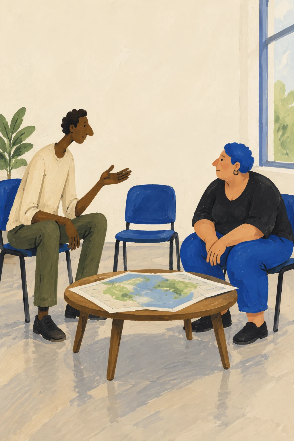A lanky resident gestures while speaking to a broad, blue-haired facilitator in a bright room.