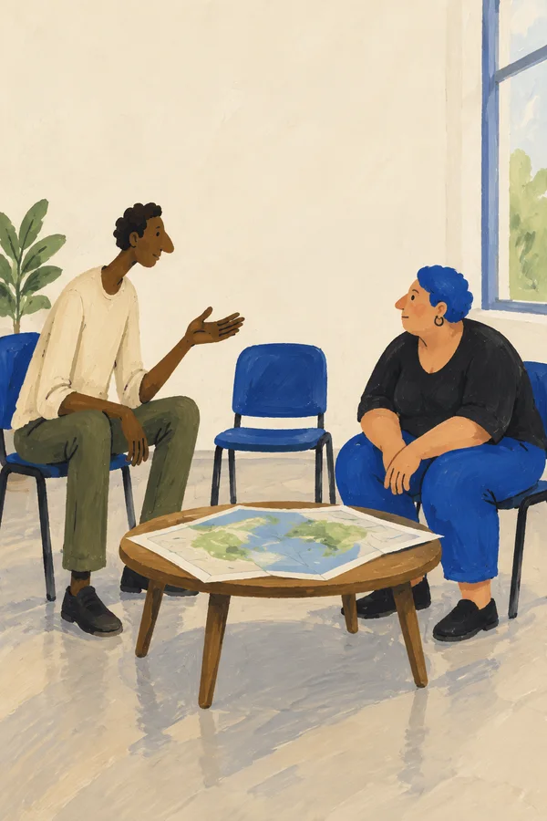 A lanky resident gestures while speaking to a broad, blue-haired facilitator in a bright room.