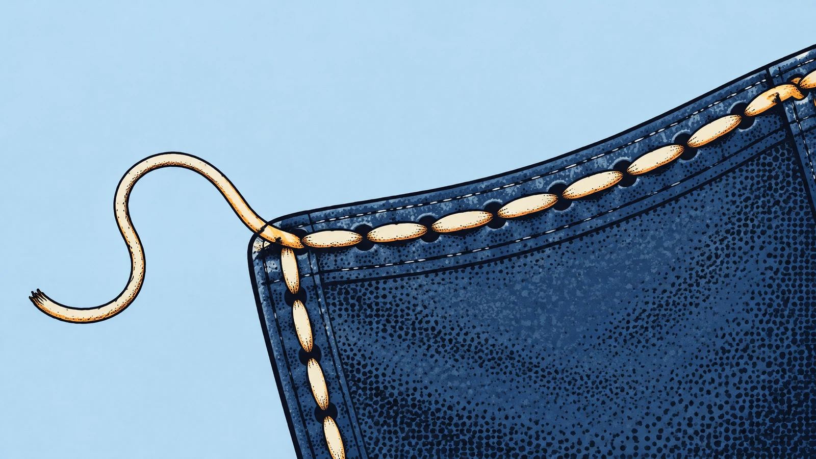 A close oblique editorial illustration of a large indigo denim pocket cropped at the bottom and right edges, with oversized cream-and-amber stitches along…