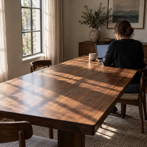 A person in dark clothing sits with their back to the camera at the far end of a long wooden dining table, using an open laptop beside a ceramic cup.