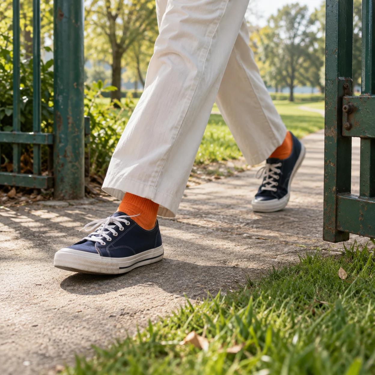 An adult in loose cream trousers, bright orange socks and navy canvas sneakers strides along a concrete path through an open weathered green metal gate in a…