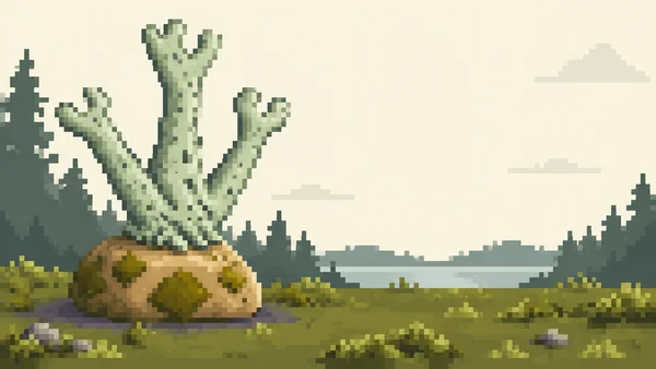 A large pale mint branching lichen grows from a squat ochre stone in a pixelated forest clearing, with dark tree silhouettes, distant water and small plants…